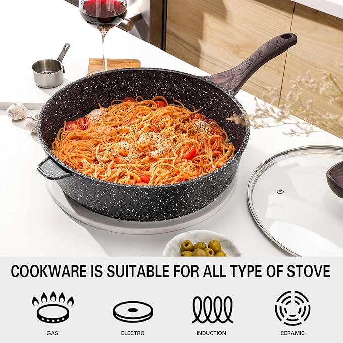 Kordisen Nonstick Deep Frying Pan with Lid, 11 Inch Non Stick Skillet, Saute Pan for Cooking, Healthy Induction Cookware, PFOA Free