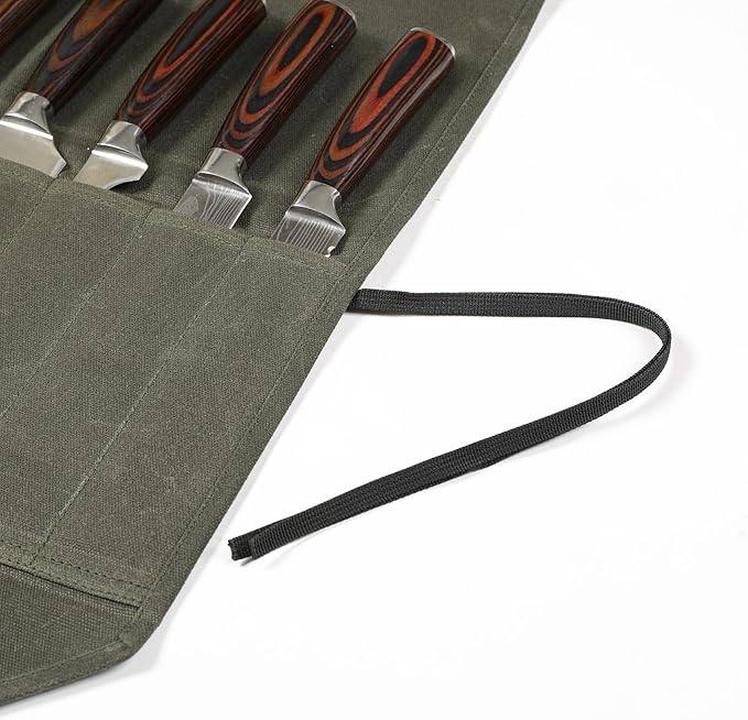 Heavy Duty Waxed Canvas Knife Roll Bag, Portable Chef Knife bag, Durable (Army Green)
