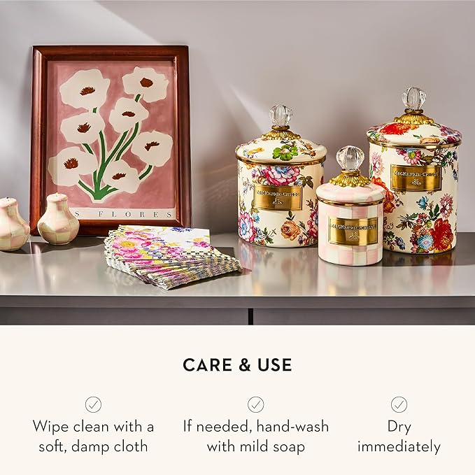 MACKENZIE-CHILDS Small Enamel Canister, Kitchen Storage Container for Flour and Sugar, 1.13 Liters, White Flower Market