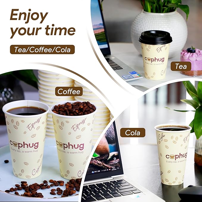 100 Pack 16 oz Coffee Cups,Disposable Hot Drink Paper Cups with Lids & Sleeves - 16 Ounce Party Cups Perfect for Hot Beverages, Party, Office, and Home Use