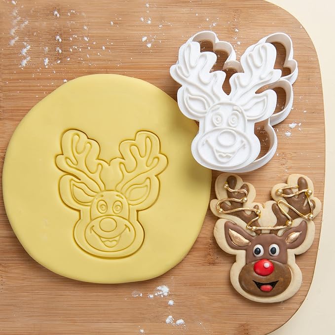 Flycalf Christmas Cookie Cutters for Holiday Baking, with 3D Stamper Reindeer Shapes 3“ Eco-Friendly PLA Kitchen Cake Decorating Birthday Gifts Party Pastry Mold Supplies Biscuit Fondant Tools,3''