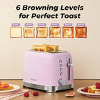 Toaster 2 Slice Retro Stainless Steel with 1.5” Extra Wide Slots Bagel, Defrost, Reheat, Cancel Functions, 6 Bread Shade Settings, Removable Crumb Tray, Purplish Pink