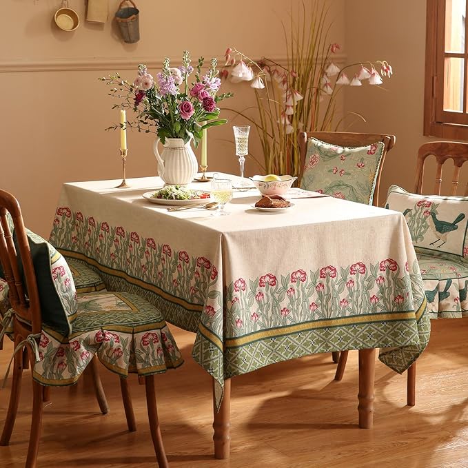 patdrea Designer Green Long Rectangle Table Cloth,Vintage Linen Leaves Pattern Tablecloth,Floral Cover Colorful Decor for Kitchen Dining Christmas,Tea Party,Thanksgiving,63"x102"-Cecilia D