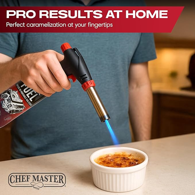 Chef Master Butane Torch Lighter, Refillable Kitchen Torch, Cooking Torch, Adjustable Flame for Creme Brulee, Desserts, BBQ, Crafts, Soldering, Indoor & Outdoor Use - Butane Not Included Model 90022