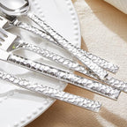 KINGSTONE 36 Piece Silverware Set with Steak Knives, Hammered Silverware Set for 6, 18/10 Stainless Steel Flatware, Cutlery Set for Home, Party, Wedding, Mirror Polished Dishwasher Safe