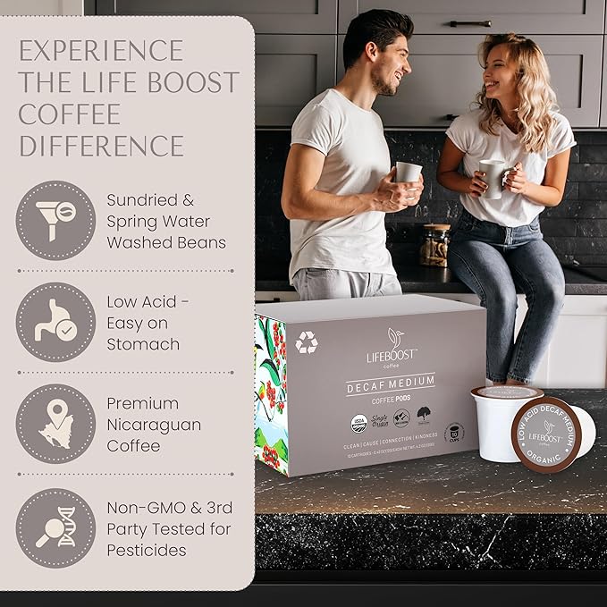 Lifeboost Organic Decaf Coffee K Cups - Low Acid Single Origin Non-GMO Mold Free Decaf Coffee Pods Compatible with Keurig & Keurig 2 - No Mycotoxins or Pesticides - 10 Count (Pack of 2)