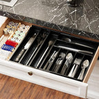 SpaceAid 2.5" High Bamboo Silverware Drawer Organizer with Labels, Kitchen Utensil Expandable Tray Holder for Flatware, Cutlery, Spoon and Knives Drawer Storage Organization (Black)