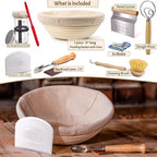 Sourdough Bread Baking Supplies Starter Kit, Banneton Proofing Basket 9'' Round, Sourdough Starter Jar, Scraper, Scoring Lame, Brush, Short Danish Whisk, Gift Set