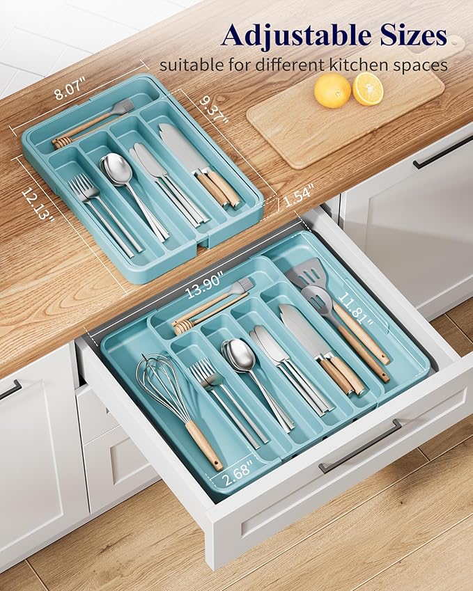 Kitsure Cutlery Drawer Organiser for Kitchen - Adjustable Cutlery Tray for Effortless Utensil Sorting, Versatile Kitchen Storage & Organisation Solution, 12.13" x 1.54" x 8.07"~13.90", Blue