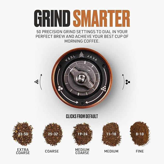 VSSL Java G25 Manual Coffee Grinder | Coffee for Camping | Bean Grinder | Travel Pour Over | Stainless Steel Conical Burr | ~ 25 Gram Capacity | Extendable Grind Handle | 50 Grind Settings | Carbon