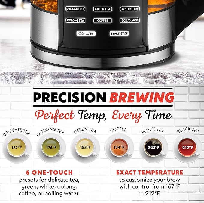 Gourmia Electric Programmable Glass Kettle – 1.7L Temperature Control Tea & Coffee Kettle with Digital Touch Display, 6 Presets, Keep Warm, Removable Stainless Steel Infuser, 360° Swivel Base – Red