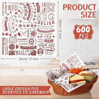 600 Pcs 12 x 12 Inch Deli Wax Paper Sheets Grease Resistant Tray Basket Liners Newsprint Paper Water and Grease Proof Sandwich Wrapping Square Hot Dog Wrappers for Food Baking (Brown on White)