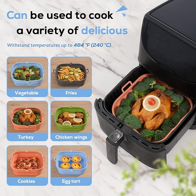 [2 Pack] Silicone Air Fryer Liners Square - Reusable Airfryer Basket - Easy to Clean Air Fryers Pot for 5.8 to 8 Qt Large Air Fryer Baking Tray Oven Accessories, 8.5 Inch