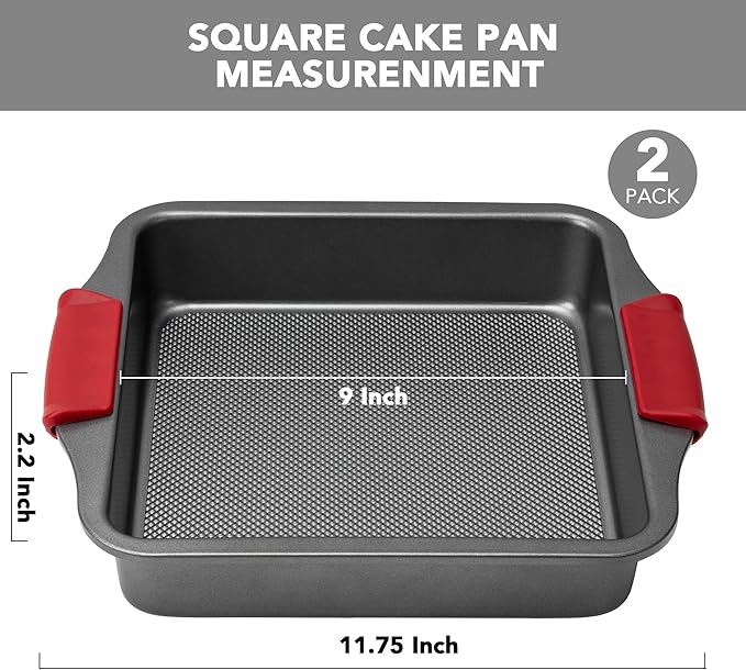 Tiawudi 9" Square Cake Pan Set of 2, 0.8mm Thick Heavy Duty Bakeware with Diamond Texture for Even Heating, Nonstick Baking Pan for Bread, Brownies & Lemon Bars, Cake Mold with Silicone Grip Handles