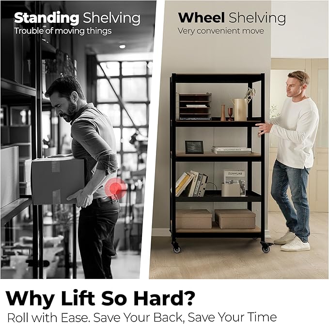 HOMEDANT House 5-Tier Metal Rolling Cart Shelf Rack Casters Heavy Duty Laminated Wheel Shelving Unit Adjustable Utility Storage Shelves Organizer Shelf Kitchen Garage 24.4" W x 16.5" D x 62.2" H 3Pack