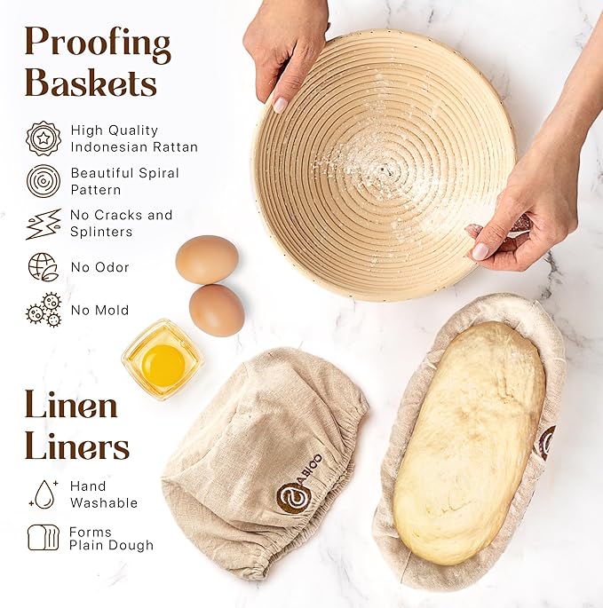 Sourdough Starter Kit with 10" Round & 11" Oval Banneton Proofing Basket and 34oz Starter Jar - Beginner-Friendly Sourdough Bread Baking Supplies and Baking Gifts for Women, Men, and Bread Bakers
