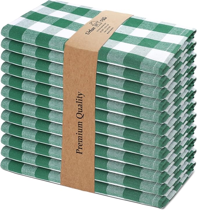 Urban Villa Cotton Dinner Napkins Set of 6, Highly Absorbent 20x20 Inches Premium Cloth Napkins Hotel Quality Reusable & Washable Table Dinner Napkins for Home & Weddings - Hunter Green/White, Checks