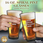 Custom Spiral Pint Glass 16 oz. Set of 50, Personalized Bulk Pack - Beer Glasses, Heavy Duty Drinkware - Black