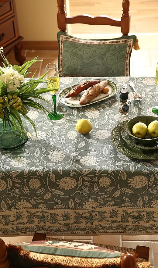 ISAENNE Designer Grayish Green Linen Long Rectangle Tablecloth,Floral Stain Resistant Table Cloth,Fall Vintage Decor Tablecloths for Dining Thanksgiving Kitchen Party,63"*94"-Andrew A
