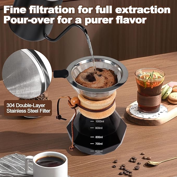 Pour Over Coffee Pot Set 1000ml Features 304 Stainless Steel Filter Glass Coffee Pot with High Borosilicate Glass Duckbill Spout Design Solid Wood Handle Pour Over Coffee Drippers Daily Brewing