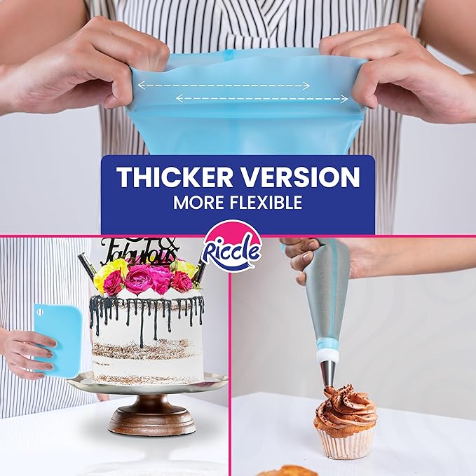 Riccle 94 pcs Cake Decorating Kit with Cake Turntable - Includes 50pcs 12 Inch Disposable + 2 Reusable Piping Bags and Tips Set, 24 Icing Piping Tips, 2 Spatulas, 3 Icing Comb Scraper, 6 Cake Liners