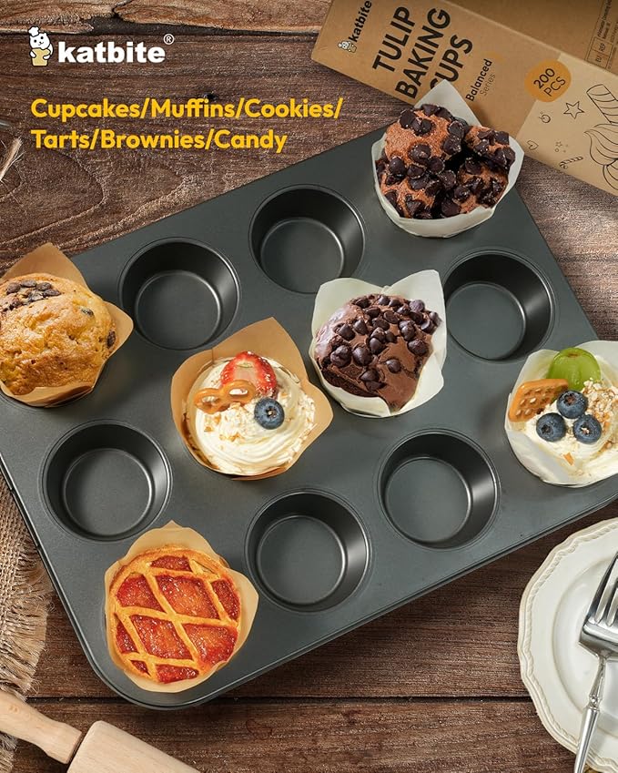 Katbite Tulip Cupcake Liners 200PCS, Muffin Baking Cups ProSmooth White