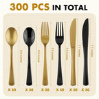 300 Pieces Black and Gold Plastic Silverware Heavy Duty Plastic Cutlery Set Disposable Flatware Includes Spoons Forks Knifes for Party Supplies