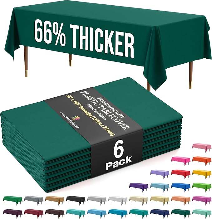 Exquisite 66% Thicker Premium Plastic Table Cloth Rectangle Table Cover 0.5 Mil 6 Pack Dark Green Table Cloth 54 Inch x 108 Inch Disposable Tablecloth Won't Tear Easily Like Cheap Thin Brands