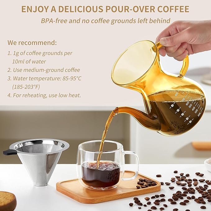 Unbreakable - Pour Over Coffee Maker with Double Stainless Filter 34 fl oz, Thickened Heat-Resistant Borosilicate Glass Pour Over Coffee Dripper, Stovetop Safe
