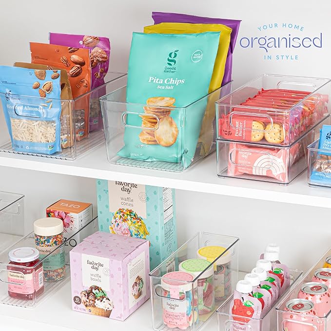 Plastic Food Storage 8 Pack Clear Container Bin with Handles for Organizing Kitchen, Pantry, Refrigerator, Freezer, Pantry, Cabinet, Closet, Bathroom. 10”x7.5”x5.3”