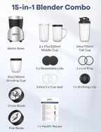 Ganiza Smoothie Blender, 900W Blenders for Shakes and Smoothies, 15-Piece Personal Blender and Grinder Combo for Kitchen, Smoothies Maker with 4 BPA-Free Portable Cup, Nutritious Recipe