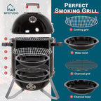 MFSTUDIO 18" Vertical Smoker and BBQ Grill, Pure Porcelain-Enameled Cooker, Heavy Duty Charcoal & Woods Outdoor Grill for Smoker, Black