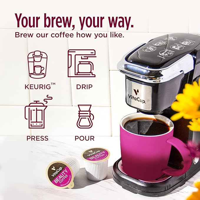 VitaCup Beauty Collagen Coffee Pods for Hair, Skin & Nails, with Biotin & Folate, Medium Dark Roast, Keto Friendly, Recyclable Single Serve Pod Compatible with Keurig K-Cup Brewers,32 Ct