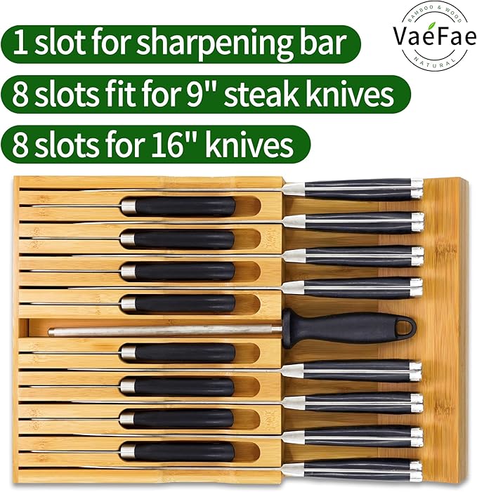 VaeFae In-Drawer Knife Block,Bamboo Knife Drawer Organizer Insert, Kitchen Knife Drawer Storage for 16 Knives PLUS a Slot for your Knife Sharpener (Without Knives)