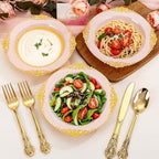 100PCS Pink Plastic Bowls - 12 oz Pink Gold Disposable Salad Bowls - Heavy Duty Disposable Soup Bowl - Fancy Plastic Ice Cream Bowl for Weddings Parties Dinners Picnics
