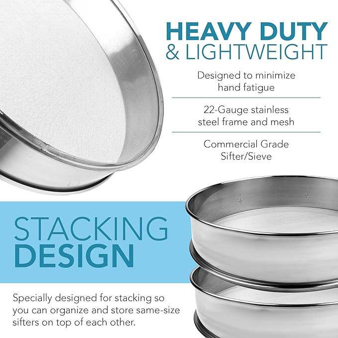 Stainless Steel Flour Sifter Fine Mesh Round Flour Sieve for Baking 16.5" Diameter x 2.88" High; 50 Mesh (Hole Size 0.3mm)