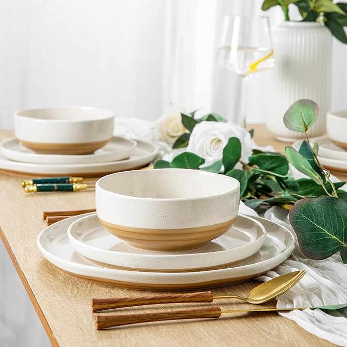 AmorArc Ceramic Dinnerware Sets for 8, 24 Pieces Handpainted Plates and Bowls Set with Rustic Terracotta Underside, Scratch Resistant Stoneware Dishes Set, Dishwasher & Microwave Safe, Light Beige