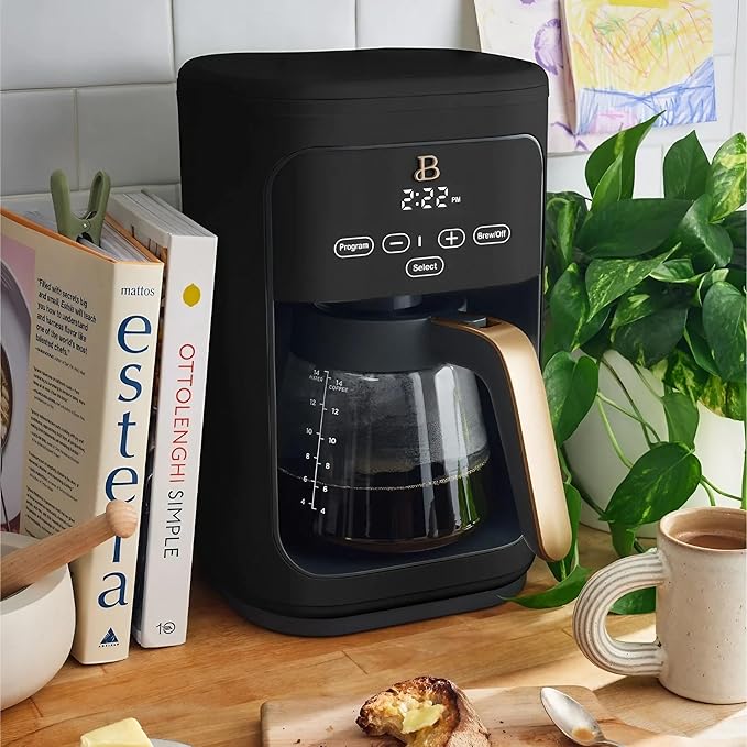 Beautiful by Drew Barrymore 14-Cup Programmable Drip Coffee Maker, Touch-Activated Display, Fast 14-Min Brew, Bold Strength, Keep Warm 4 H, Gold Filter (Black Sesame)