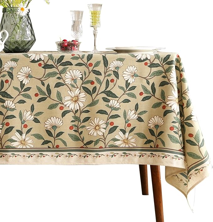 ISAENNE Designer Green Linen Long Rectangle Tablecloth,Floral French Country Indoor Table Cloth,Stain Resistant Home Decor Tablecloths for Dining Kitchen Thanksgiving Party,63"*102"-Brune