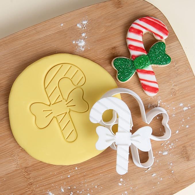Flycalf Christmas Cookie Cutters Candy Cane Shapes with Plunger Stamps Holiday PLA Baking Accessories Cutter Molds Gifts Decorative Party 3.5" Kitchen Cake Supplies