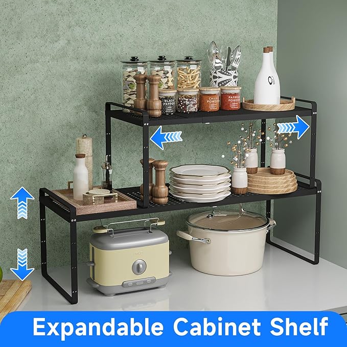 Expandable Kitchen Shelf Organizers, Kitchen Cabinet Organizer Stand Rack Organization for Countertop Cupborad Pantry, Black 1 Pack