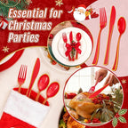 WDF 180 Pieces Red and Gold Plastic Silverware - Disposable Christmas Utensils Include 60 Forks, 60 Knives and 60 Spoons - Heavy Duty Red Plastic Cutlery - for Christmas/Party