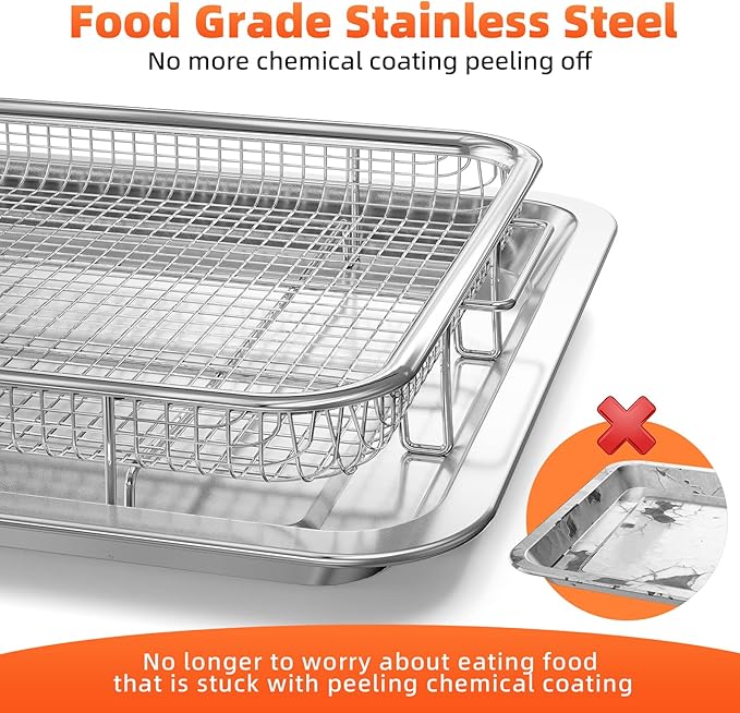 Air Fryer Tray for Oven, Oven Air Fryer Basket and Tray with Cooking Guide and 30 PCS Parchment Papers, DEGOVIN Crisper Non-stick Stainless Steel Air Fry Pan for Convection Oven(15.8" × 11")