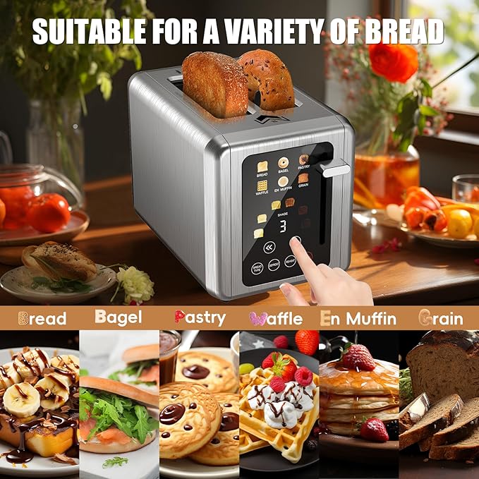Touch screen Toaster 2 slice,Stainless Steel Digital Timer Toasters with Sound Function,6 Bread Types & 6 Shade Settings,Smart Extra Wide Slots Toaster with Bagel,Defrost Functions,Platinum