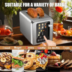 Touch screen Toaster 2 slice,Stainless Steel Digital Timer Toasters with Sound Function,6 Bread Types & 6 Shade Settings,Smart Extra Wide Slots Toaster with Bagel,Defrost Functions,Platinum