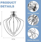 Stainless steel Wire Whip Attachment for KitchenAid Tilt-Head Stand Mixer Accessory K45SS Replacement, Egg Cream Stirrer, Cakes Mayonnaise Whisk, Whipping Egg White, Dishwasher Safe
