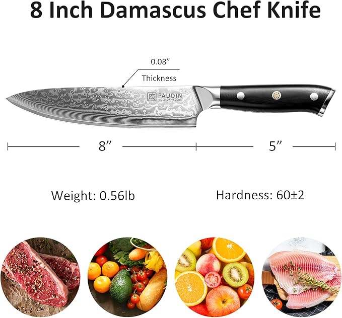 PAUDIN Damascus Chef Knife, 8 Inch Kitchen Knife, 67 Layers Damascus Steel Knife Japanese VG10 Core, Professional Chefs Knife with Ergonomic G10 Handle