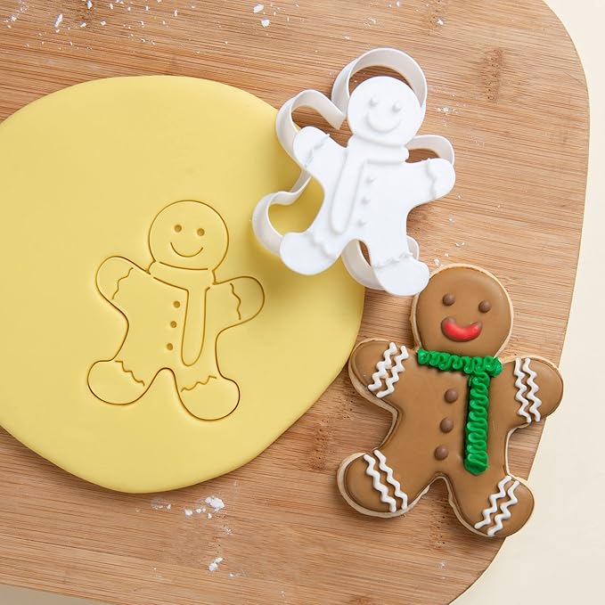 Flycalf Christmas Cookie Cutters Gingerbread Shapes with Plunger Stamps Holiday PLA Baking Accessories Cutter Molds Gifts Decorative Party 3.5" Kitchen Cake Supplies