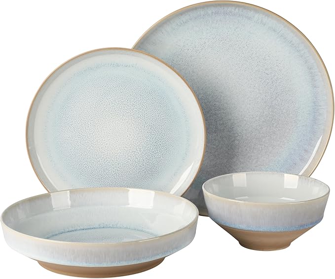 Gibson Elite Hailstone 16 Piece Stoneware Reactive Glaze (Service for 4) Ceramic Plates and Bowls Dinnerware Set - Moon Blue