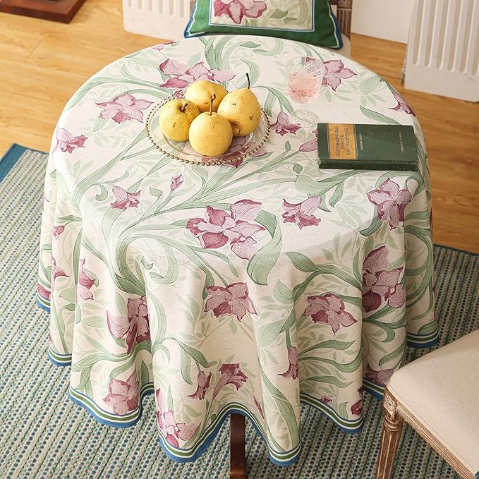patdrea Designer Vintage Green Tablecloth for Round Table,Framhouse Linen Violets Pattern Tablecloths,Floral Table Cover Decor for Kitchen Dining Christmas,Thanksgiving,Diameter 67"-Tara a